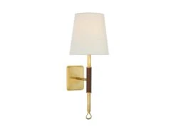 Brass And Saddle Leather Wall Light With Linen Shade