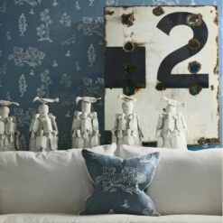 Wychwood Happy Blue Wallpaper -Andrew Martin Sale Store 214538 wychwood happy blue wallpaper with laurent sofa and scatter cushion in friendly folk happy blue fabric