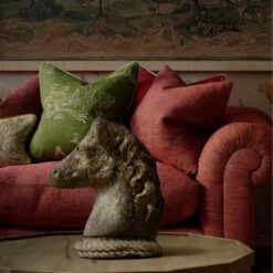 Friendly Folk Basil Green Fabric -Andrew Martin Sale Store 214682 homer chairs in hedgerow cerise with wychwood basil green wallpaper and scatter cushions in friendly folk basil green and huntsman red