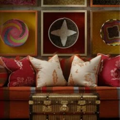 Friendly Folk Melon Orange Cushion -Andrew Martin Sale Store 215744 bloomsbury sofa in es cavalet 3 fabric with friendly folk huntsman red and melon orange cushions and wychood huntsman red wallpaper