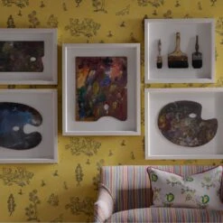 Wychwood Provencal Yellow Wallpaper -Andrew Martin Sale Store 216452 wychwood provencal yellow wallpaper with leto sofa upholstered in talitha cocktail fabric and scatter cushion in psycho sprig tropical yellow fabric