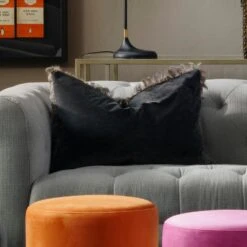Vince Charcoal / Guinea Cushion -Andrew Martin Sale Store 216782 fiorella 3 seater sofa with vince charcoal with guinea trim wilder chairs eaves chairs chandler stools in orange pink and grey perplex console table and krisp desk lamp
