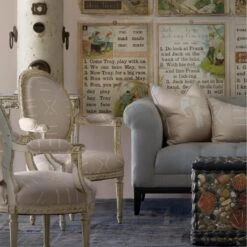 Kongo Plaster Fabric -Andrew Martin Sale Store 217160 kongo plaster fabric upholstered on antique chairs with jumbo plaster cushion and kongo plaster cushion on fiorella 2 seater sofa