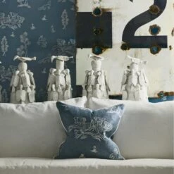 Friendly Folk Happy Blue Cushion -Andrew Martin Sale Store 217500 wychwood happy blue wallpaper with laurent sofa and scatter cushion in friendly folk happy blue fabric