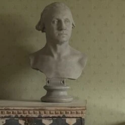 Crocus Leaf Wallpaper -Andrew Martin Sale Store 308799 bust in front of crocus leaf wallpaper